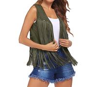 Edhomenn Women's Tassel Vest 70s Hippie Faux Suede Fringe Jacket Cardigan Solid Color Open Front Sleeveless Y2k Jacket (02 Green, XXL)