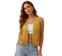 Edhomenn Women's Tassel Vest 70s Hippie Faux Suede Fringe Jacket Cardigan Solid Color Open Front Sleeveless Y2k Jacket (22 Yellow, L)