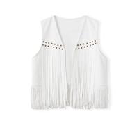 Edhomenn Women's Tassel Vest 70s Hippie Faux Suede Fringe Jacket Cardigan Solid Color Open Front Sleeveless Y2k Jacket (22 White, M)