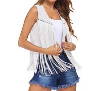 Edhomenn Women's Tassel Vest 70s Hippie Faux Suede Fringe Jacket Cardigan Solid Color Open Front Sleeveless Y2k Jacket (01 White, M)
