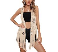 Edhomenn Women's Tassel Vest 70s Hippie Faux Suede Fringe Jacket Cardigan Solid Color Open Front Sleeveless Y2k Jacket (08 Ivory, L)
