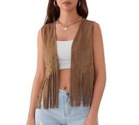 Edhomenn Women's Tassel Vest 70s Hippie Faux Suede Fringe Jacket Cardigan Solid Color Open Front Sleeveless Y2k Jacket (05 Camel, S)