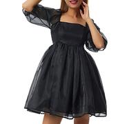 Edhomenn Women's Tulle Princess Dress Short Puff Sleeve Big Hem Tie-Dyed Printing Square Collar Bubble Party Dress L Black