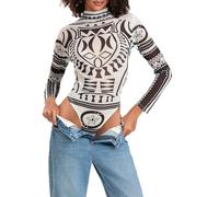 Edhomenn Womens Turtle Neck Bodysuit Long Sleeve Slim Fit Y2k Mesh Sheer Layering Tops Triangle Bottom Printed Sexy Bodycon Jumpsuit for Party Club Music Festival (02 Brown, M)
