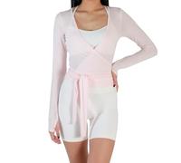 Edhomenn Womens Wrap Top Long Sleeve Deep V Neck Slim Fitted Thumbhole Blouse Ladies Front Tie Cross Wrap T Shirt Yoga Ballet Pilates Workout Top (15 Pink, L)