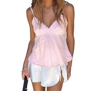 Edhomenn Women's Y2k Pleated Camisole Mini Bowknot Front Spaghetti Strap Lace Vest V-Neck Cropped Tank Tops Sexy Low-Cut Tops (08 Pink, S)