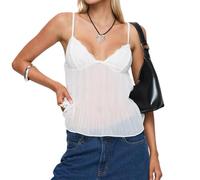 Edhomenn Women's Y2k Pleated Camisole Mini Bowknot Front Spaghetti Strap Lace Vest V-Neck Cropped Tank Tops Sexy Low-Cut Tops (02 White, XL)