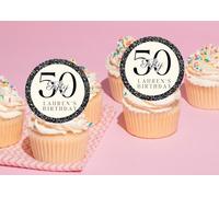 edible 20 x personalised ANY AGE birthday cupcake toppers UNCUT 18th/21st/30th/40th/50th/60th/70th/80th BLACK (WAFER PAPER)