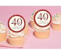 edible 20 x personalised ANY AGE birthday cupcake toppers UNCUT 18th/21st/30th/40th/50th/60th/70th/80th RED (WAFER PAPER)