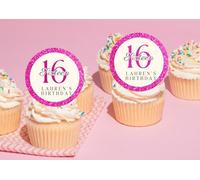 edible 20 x personalised ANY AGE birthday cupcake toppers UNCUT 18th/21st/30th/40th/50th/60th/70th/80th PINK (WAFER CARD)