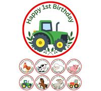 edible 7" - 1st First birthday theme Cake topper and 28 cupcake toppers - NOT PRECUT. wafer card - Designs - Teddy bear/Bunny/berry/Wild one/Hole one/dinosaur (Farm)
