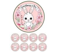 edible 7" - 1st First birthday theme Cake topper and 28 cupcake toppers - NOT PRECUT. wafer card - Designs - Teddy bear/Bunny/berry/Wild one/Hole one/dinosaur (Some Bunny)