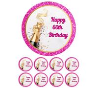 edible 7" 60th Birthday theme Cake topper and 28 x cupcake toppers NOT PRECUT. wafer card - Hello 60, 60 and Fabulous, Beers to 60 years, leopard print, whisky, florals etc (Gold Champagne)