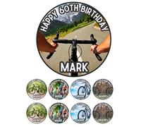 Edible 7" round Cycling Personalised cake topper and 8 x 2" cupcake toppers Premium icing paper - roulette