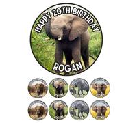 Edible 7" round ELEPHANT Personalised cake topper and 8 x 2" cupcake toppers Premium icing paper - roulette