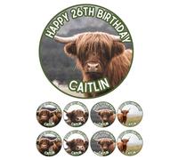 Edible 7" round HIGHLAND COW Personalised cake topper and 8 x 2" cupcake toppers Premium icing paper - roulette