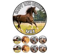 Edible 7" round HORSE Personalised cake topper and 8 x 2" cupcake toppers Premium icing paper - roulette