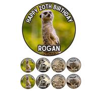 Edible 7" round MEERKAT Personalised cake topper and 8 x 2" cupcake toppers Premium icing paper - roulette