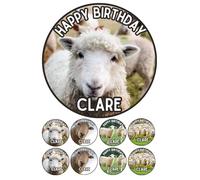 Edible 7" round SHEEP Personalised cake topper and 8 x 2" cupcake toppers Premium icing paper - roulette