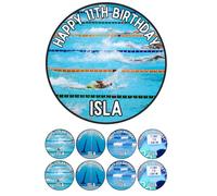 Edible 7" round Swimming Personalised cake topper and 8 x 2" cupcake toppers Premium icing paper - roulette