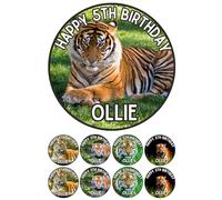 Edible 7" round TIGER Personalised cake topper and 8 x 2" cupcake toppers Premium icing paper - roulette