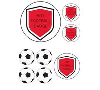 Edible ANY FOOTBALL TEAM badge A4 cake Topper decorations NOT-PRECUT icing/Wafer/Scottish/English- United/City/town- 2 x 2", 3", 5" Badge and 4 footballs (A-rseeenal, Wafer card)