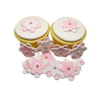 Edible Blossom Flowers Cupcake Topper - Blossom Flower Cake Decorations - Large Pink and White Sugar paste Blosom Flowers With Sugar Pearls - Weddings - Birthdays