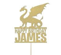 Edible Cake Decorations | Customized Birthday Cake Toppers | Custom Name And Age | Dragon Fantasy Topper (Champagne Gold)