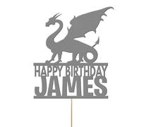 Edible Cake Decorations | Customized Birthday Cake Toppers | Custom Name | Dragon Fantasy Topper (Silver)