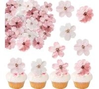 Edible Cherry Blossom Cupcake Toppers, 50Pcs Wafer Paper Cake Toppers, Edible Cupcake Decorations for Wedding, Baby Shower, Birthday Party and Spring Events
