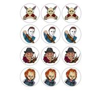 edible Halloween - Cupcake toppers - champagne/Cocktail flute drink toppers - Cake decorations - uncut - Wafer card - scary Movie characters - (Cupcake toppers - Design 2)