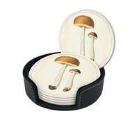Edible Mushrooms Print Round Leather Coasters - Set Of 6, Ultra-Fiber Pu Leather