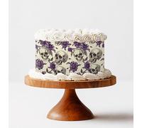 Edible Print Skulls and Purple Flowers Cake Wrap Topper | Premium Icing Sheet or Wafer Paper | Cake Decoration for Halloween Gothic Birthday Wedding Cake (Wafer Paper)