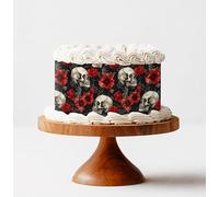 Edible Print Skulls and Red Flowers Cake Wrap Topper | Premium Icing Sheet or Wafer Paper | Cake Decoration for Halloween Gothic Birthday Wedding Cake (Wafer Paper)
