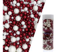 Edible Red & White Sugar Pearls Sprinkles Candy Mix Size Pearls Cake Decorations Cupcake Toppers Decorating Perfect for Wedding Party Valentine Christmas Supplies 4.58OZ