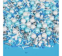 Edible Sprinkles,Blue Silver White Winter Jimmies Pearls Mix,130g,Perfect for Cake Decorations,Cupcake Sprinkles with Assorted Shapes and Sizes for Parties Baking,Ice Cream,Cookies,Cupcake Topper