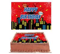 Edible Square Image Cake Toppers, 28x19.4cm/11x7.6in Spider Happy Birthday Cake Decoration Red Cartoon City Edible Wafer Paper Spider Web Cakes Decor for Kids Boys Girls Birthday Theme Party