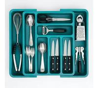 edihome, Cutlery Drawer Organiser, Cutlery Tray, Extendable, with 6 to 8 Compartments, BPA Free, for Kitchen Utensils, Adjustable (Turquoise)
