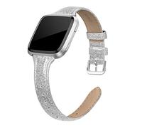 EDIMENS Genuine Leather Strap Compatible with Fitbit Versa 2 / Fitbit Versa Lite & SE/Fitbit Versa, Slim Thin Replacement Leather Strap for Versa Women Men (Giltter Silver)