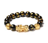 Edinber Black Obsidian Wealth Bracelet, Pi Xiu Lucky Amulet, Hand Carved Feng Shui Bead Bracelet, Adjustable Strand, Black