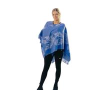 EDINBURGH CASHMERE Reversible Pure Lambswool Open Front Poncho Cape Coat Shawl and Wrap for Men & Women, Floral Printed Winter Wear with Fringed Tassels, Features in Vogue(Blue/Silver Blue 124x125 cm)