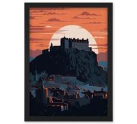 Edinburgh Castle and Old Town Atmospheric Sunset Artwork Framed Wall Art Print A4 Artery8 Black One Size