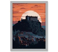 Edinburgh Castle and Old Town Atmospheric Sunset Artwork Framed Wall Art Print A4 Artery8 Light Grey One Size