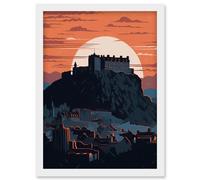Edinburgh Castle and Old Town Atmospheric Sunset Artwork Framed Wall Art Print A4 Artery8 White One Size
