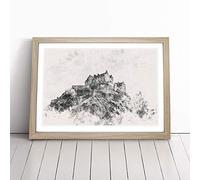 Edinburgh Castle in Scotland Watercolour Framed Wall Art Picture Print - Canvas Painting - Modern Home Décor Poster - Ready to Hang for Living Room Bedroom Kitchen - Oak A2 (48 x 66 cm)