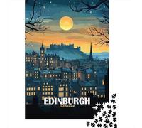 Edinburgh Scotland Nightscape Illustration 1000 Piece Jigsaw Puzzle, Downtown Architecture at Night, Thick Cardboard Pieces, Birthday Gift for Puzzle Lovers, Adult Puzzle, 52x38cm/1000pcs