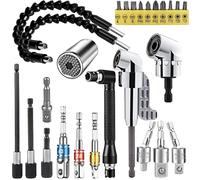 EDIONS 26 PCS Flexible Drill Bit Extension Set with 2 PCS 105°Angle Drill Bit Extension, 1/2 3/8 1/4 inch Universal Socket Adapter & Drill Bit Holder & Universal Socket Grip & Screwdriver Bit Kit