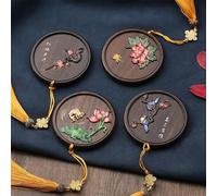 EdirFtra Handmade Ebony Wood Makeup Mirror with Chinese Tassel, Dual-Sided Round Portable Mirror with Hand-Painted Floral Design, Vintage Decorative Vanity Mirror for Travel & Gift Giving