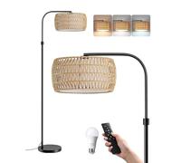 EDISHINE Arc Floor Lamp, Boho Standing Lamp with Remote Control, Rattan Lampshade, Dimmable Floor Lamps for Living Room Bedroom Office, Multiple Color Temps, LED Bulb Included, Black