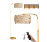 EDISHINE Arc Floor Lamp, Boho Standing Lamp with Remote Control, Rattan Lampshade, Dimmable Floor Lamps for Living Room Bedroom Office, Multiple Color Temps, LED Bulb Included, Gold